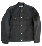 black denim motorcycle jacket (front view)