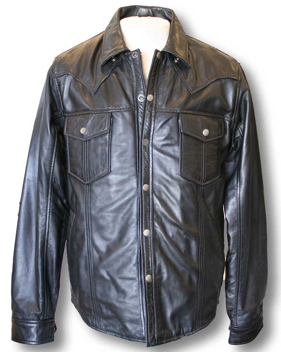 Men's Vintage Black Leather Jacket with Shirt Collar - Timeless