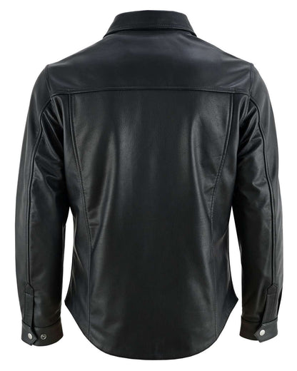 Rear view of black leather motorcycle shirt showing streamlined cut and riding-length hem.