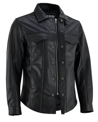 Versatile black leather Jack-Shirt designed for on and off the bike — rugged and functional.