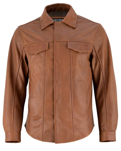 No. 7 brown leather riding shirt with zip front and snap-down collar, built for everyday wear.
