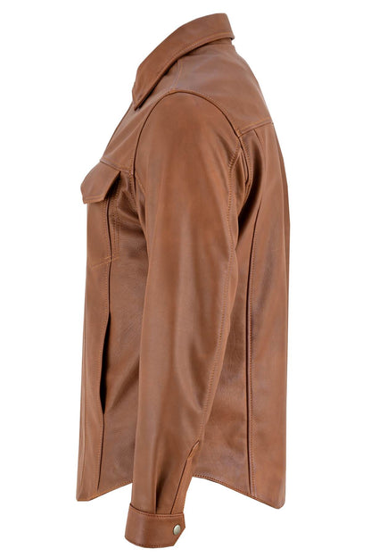 Close-up of shoulder on the No. 7 leather riding shirt, showing stitch quality and top grain texture