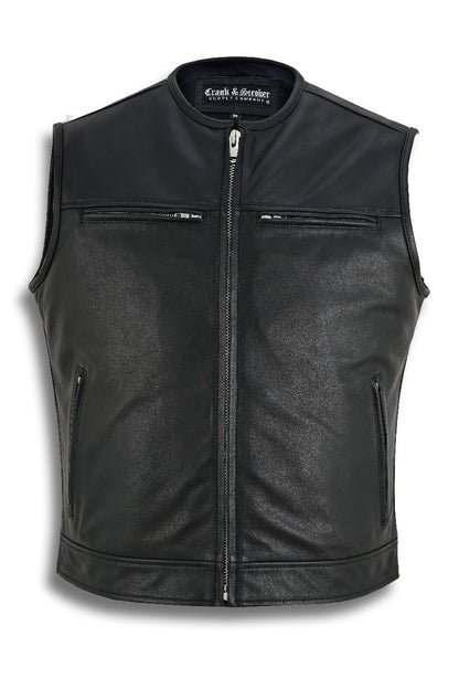 Straight Cut Leather Motorcycle Vest – Front view featuring dual chest zippers, YKK main zipper, and clean, minimalist design