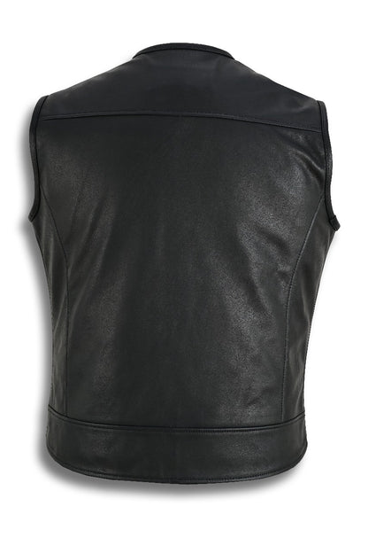 Straight Cut Leather Motorcycle Vest – Back view showcasing clean, patch-ready leather