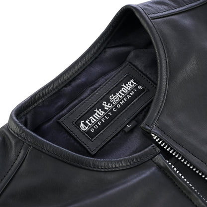 Straight Cut Vest – Close-up of collar with Crank & Stroker label and leather facing