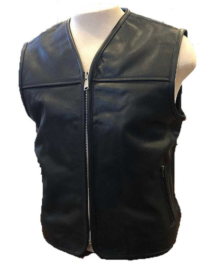 Men's black leather motorcycle vest – Crank & Stroker Sucka Free front 3/4 view