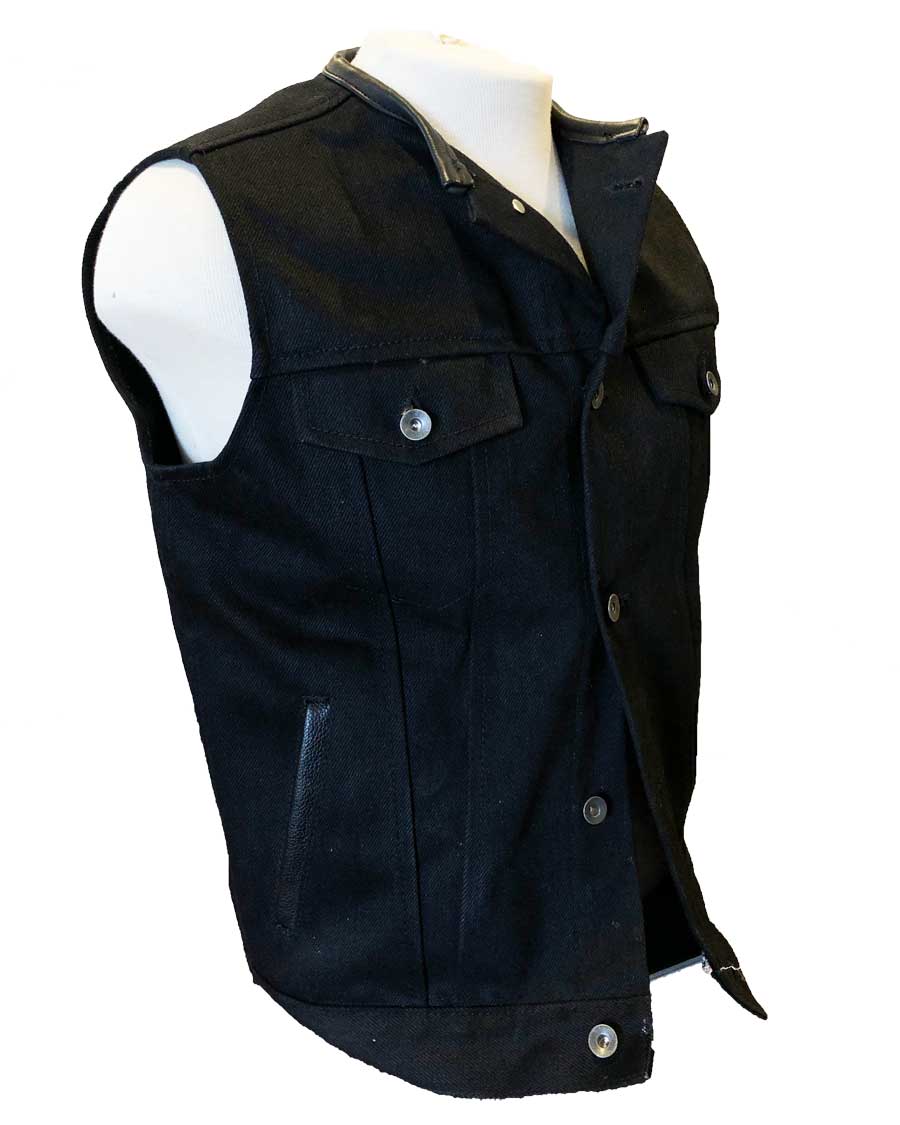 The heavy black leather denim motorcycle vest (Side View). buy online  black leather denim motorcycle vest, buy black leather denim motorcycle vest, online shop black leather denim motorcycle vest.