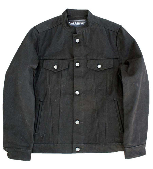 black denim motorcycle jacket (front view)