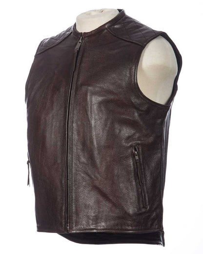 Crank & Stroker Bootlegger Men’s Brown Leather Motorcycle Vest – Front 3/4 View