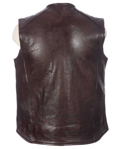 Back view of the Bootlegger Brown Leather Motorcycle Vest – Full-grain leather for hardcore riders