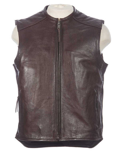 Front view of Crank & Stroker Brown Leather Motorcycle Vest – Clean lines, concealed carry ready