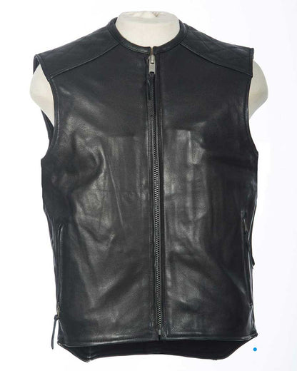 Hard Ball Leather Vest – Front View Zipped with Clean No-Logo Finish


