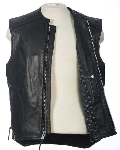 Hard Ball Leather Motorcycle Vest – Front View Unzipped on Mannequin