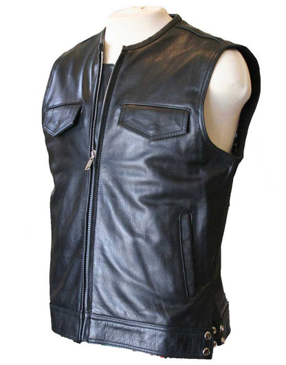 Dirty Cop Leather Motorcycle Vest – Front 3/4 View | Crank & Stroker Men's Black Riding Vest