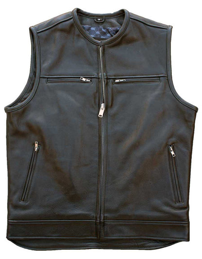 Straight Cut Leather Motorcycle Vest – Full front view with zippered chest and waist pockets