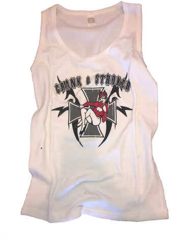 Ladies White She Devil Tank T-shirt (front view)